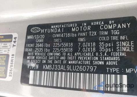 2020 Hyundai Tucson Sel z USA, uszkodzony, nr VIN KM8J33AL9LU260797